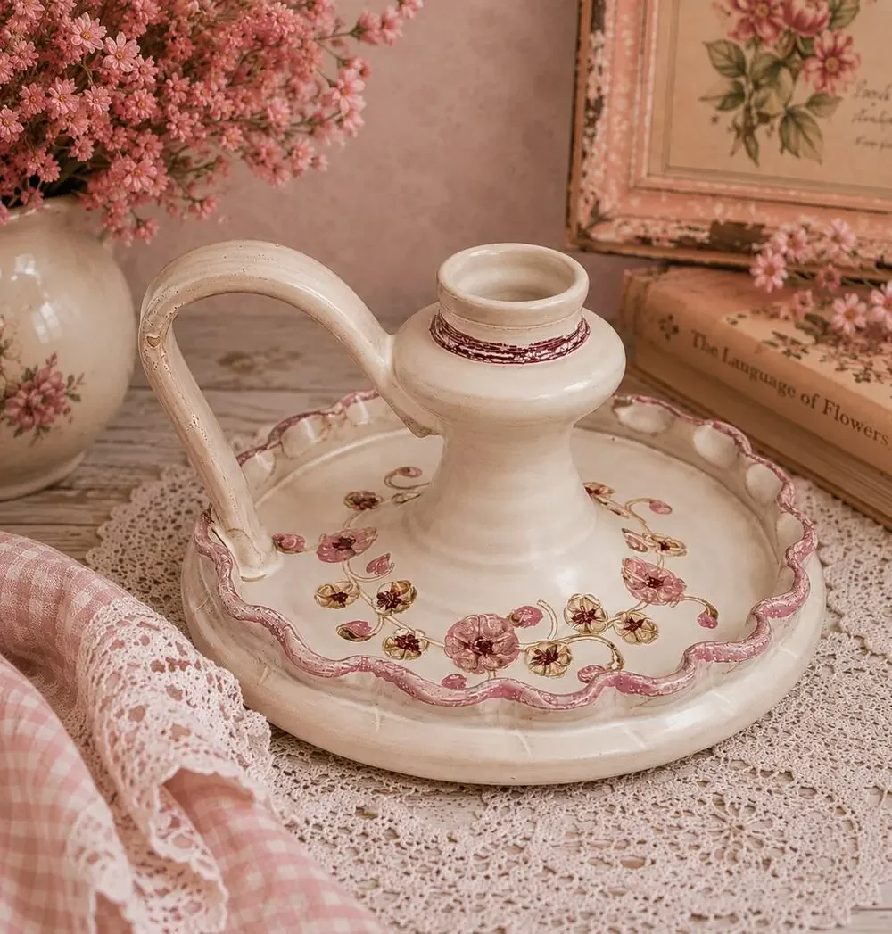 Hand Painted Ceramic Chamberstick Candle Holder Pink Scallop Edge Floral Motif